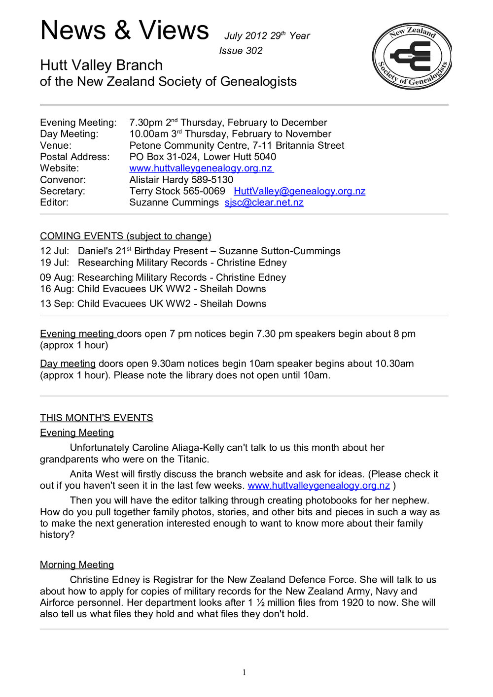 Newsletter (NZ Society of Genealogists, Hutt Valley Branch) 302