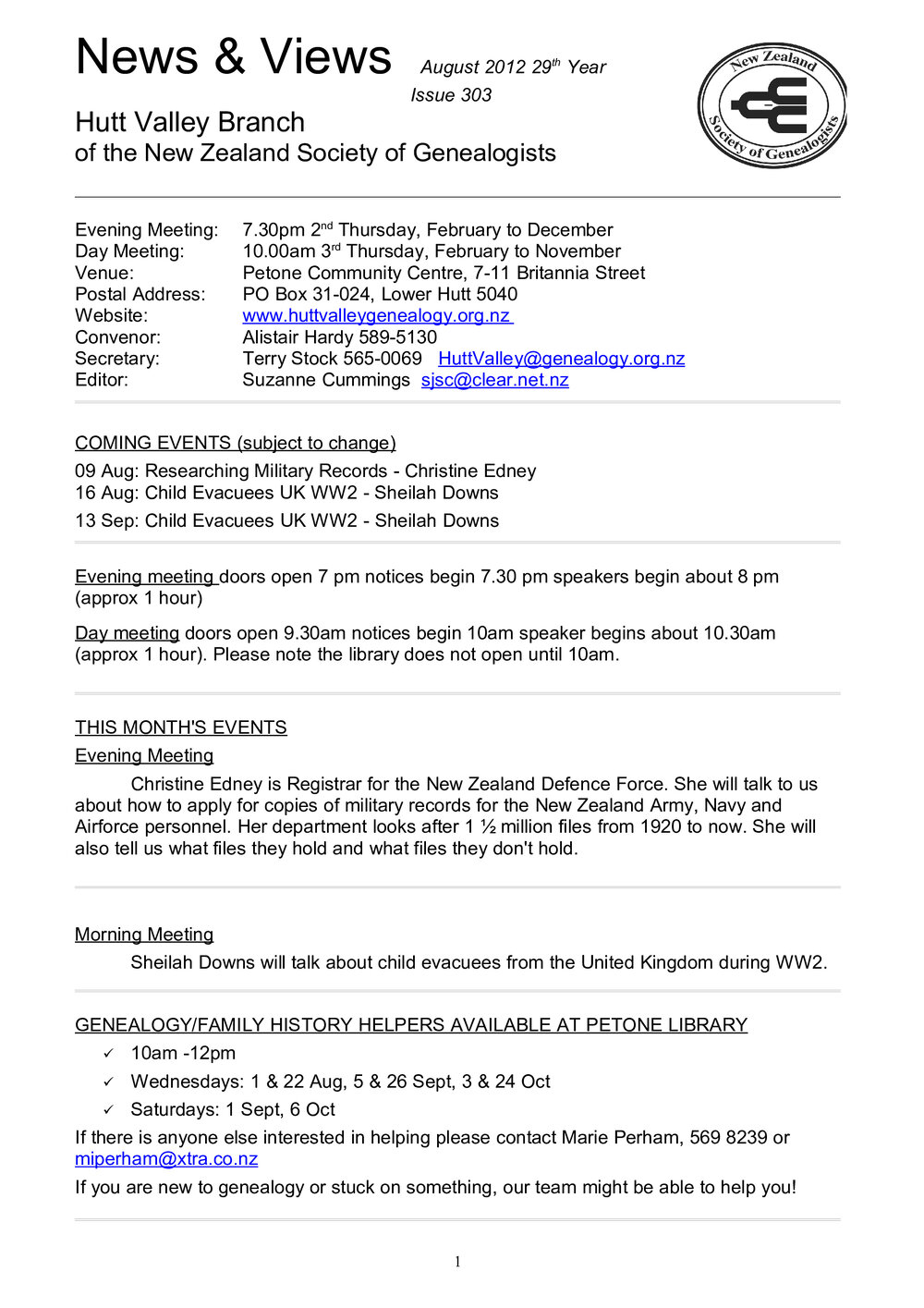 Newsletter (NZ Society of Genealogists, Hutt Valley Branch) 303