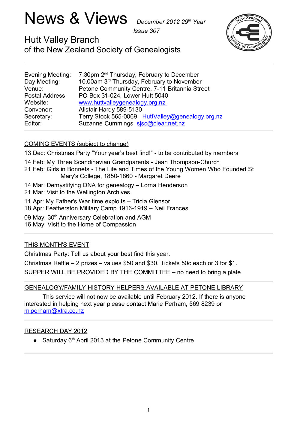 Newsletter (NZ Society of Genealogists, Hutt Valley Branch) 307