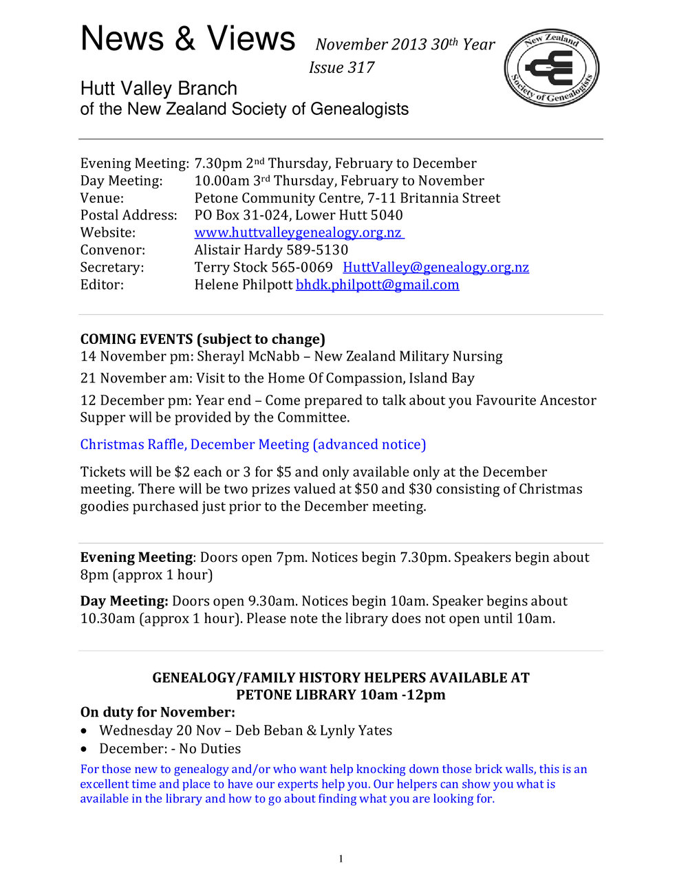 Newsletter (NZ Society of Genealogists, Hutt Valley Branch) 317