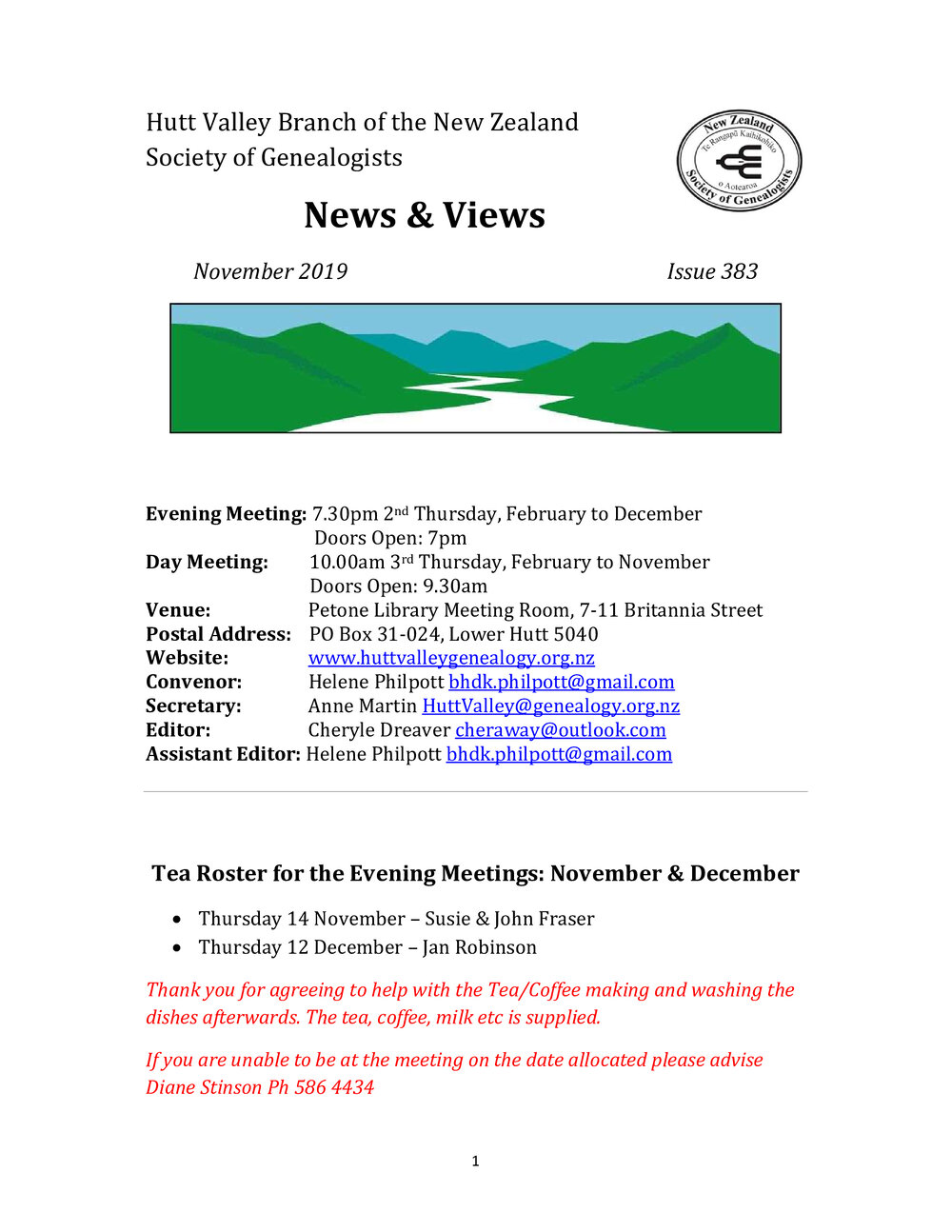 Newsletter (NZ Society of Genealogists, Hutt Valley Branch) 383