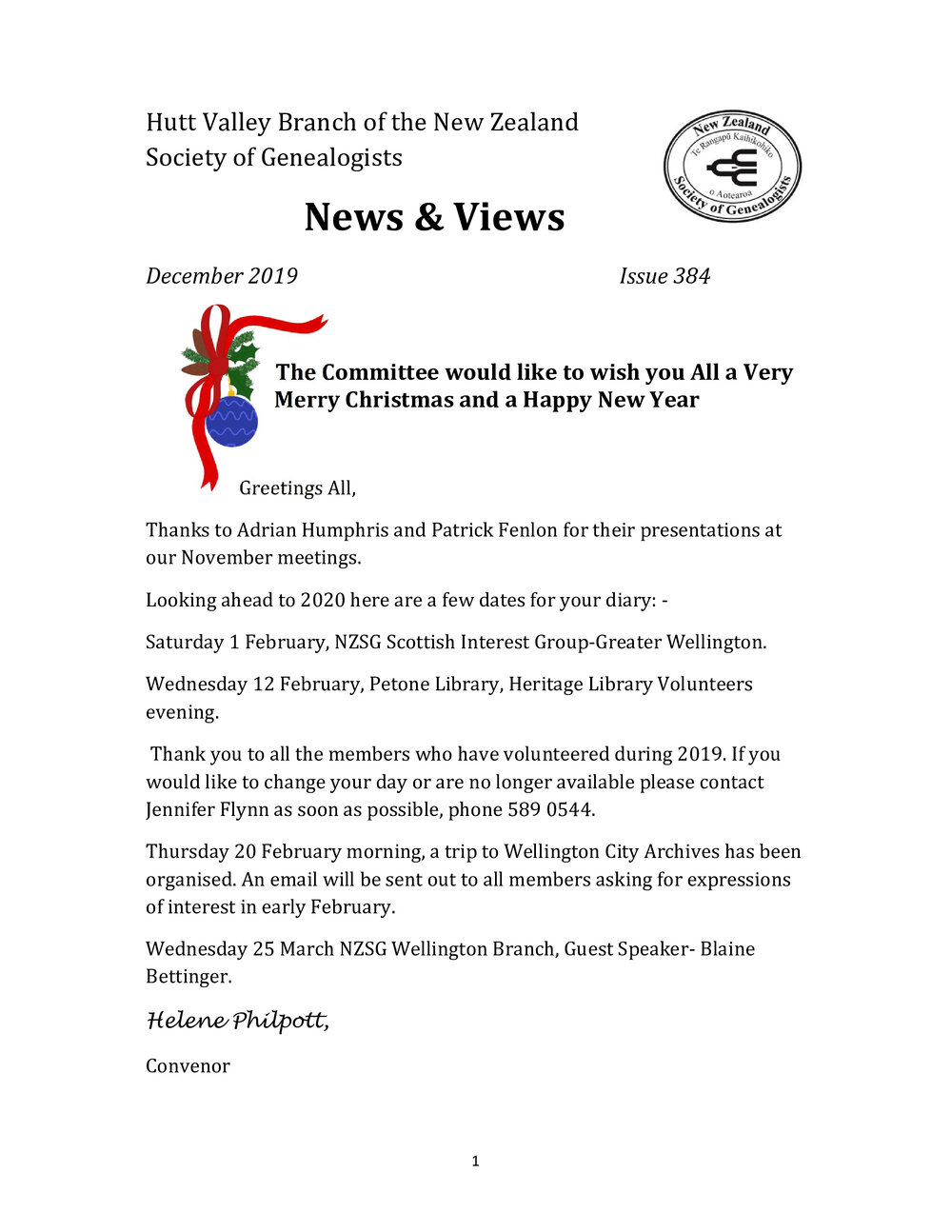 Newsletter (NZ Society of Genealogists, Hutt Valley Branch) 384