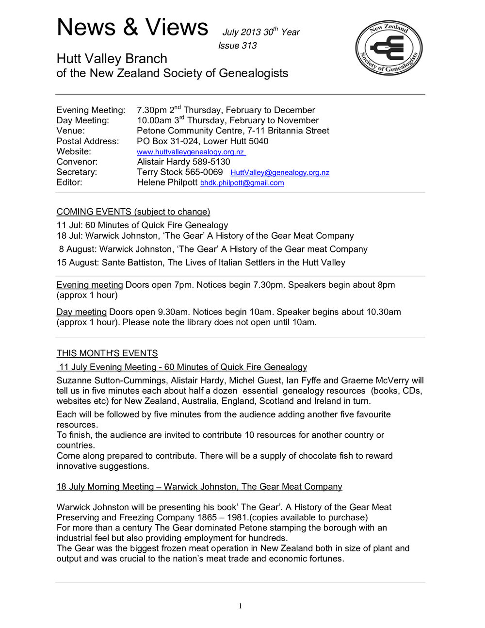 Newsletter (NZ Society of Genealogists, Hutt Valley Branch) 313