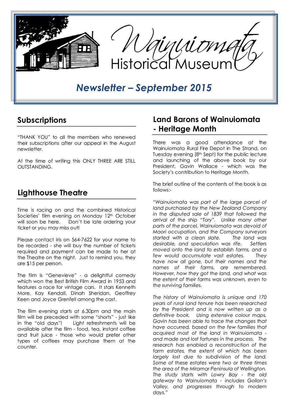 Newsletter (Wainuiomata Historical Museum) September 2015