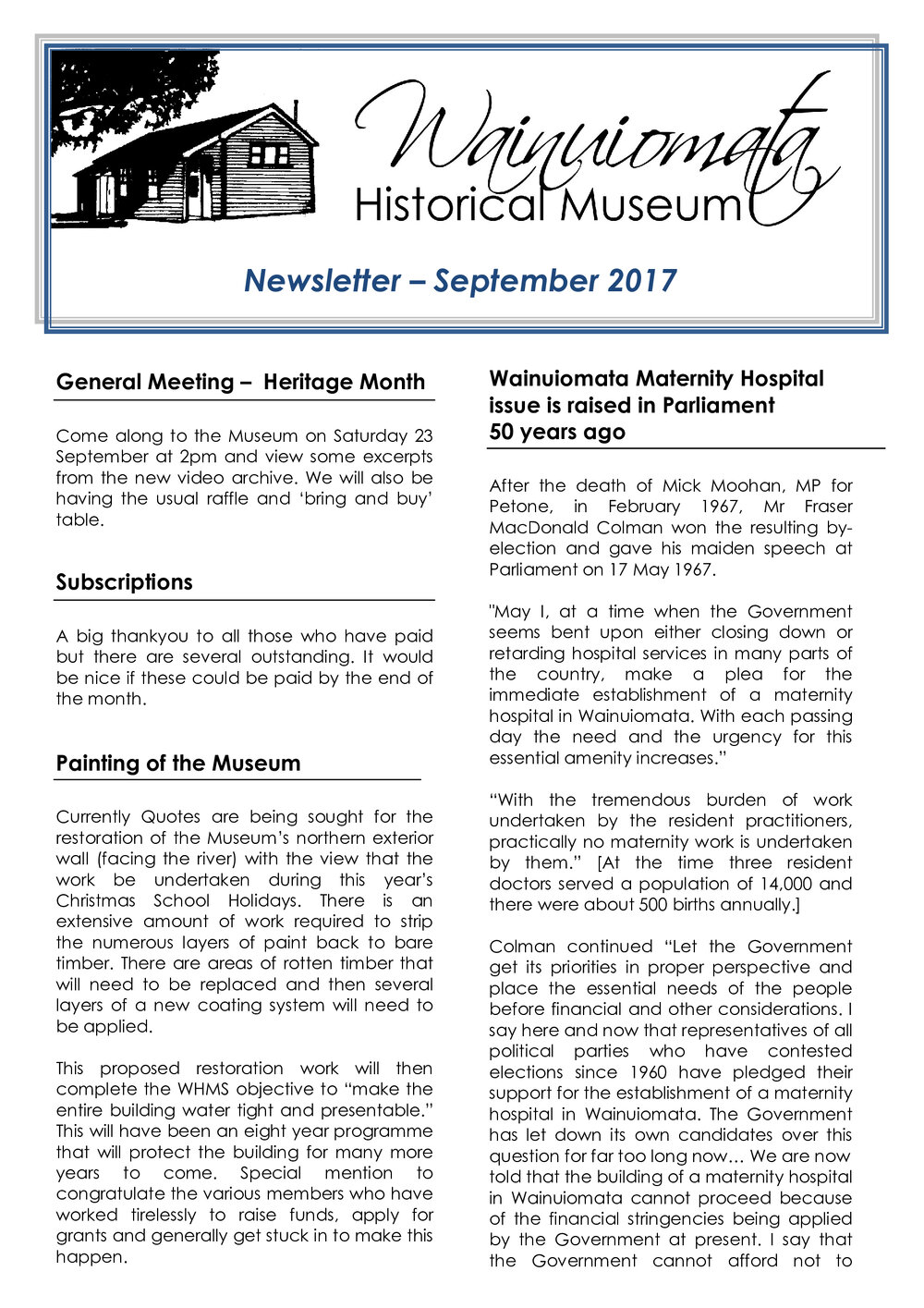 Newsletter (Wainuiomata Historical Museum) September 2017