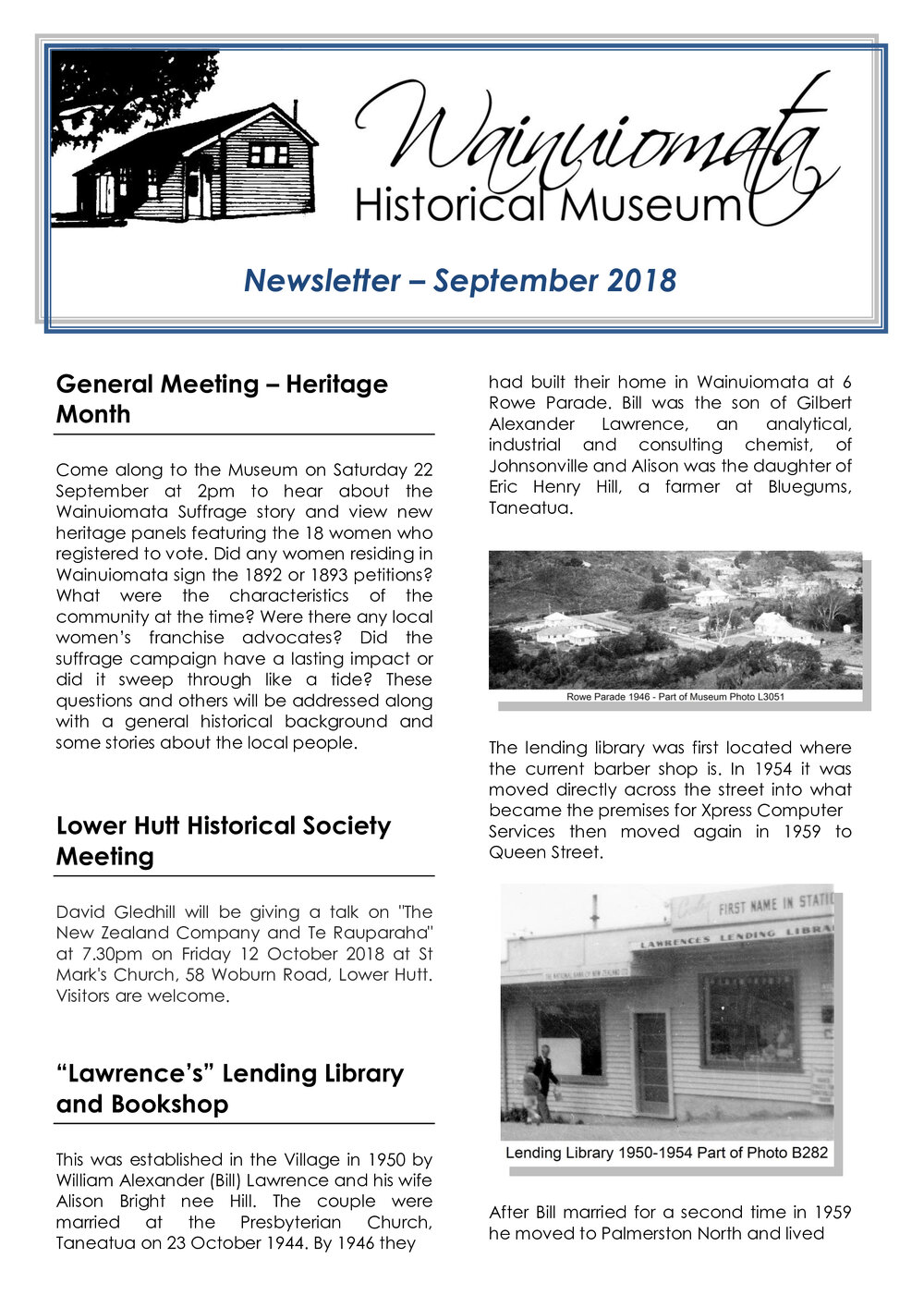 Newsletter (Wainuiomata Historical Museum) September 2018