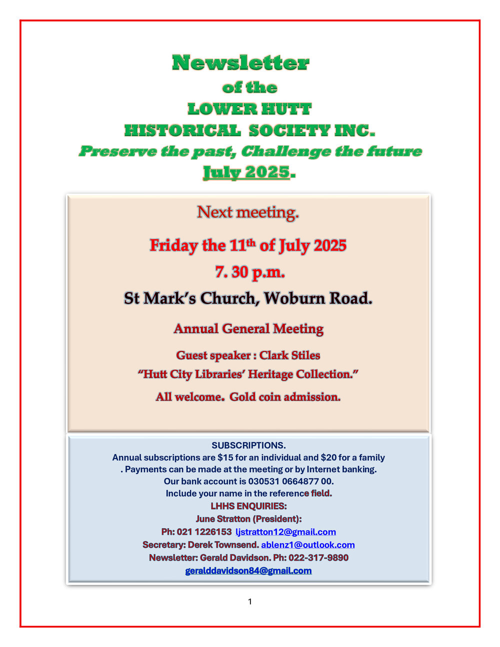 Newsletter of the Lower Hutt Historical Society (July 2025)