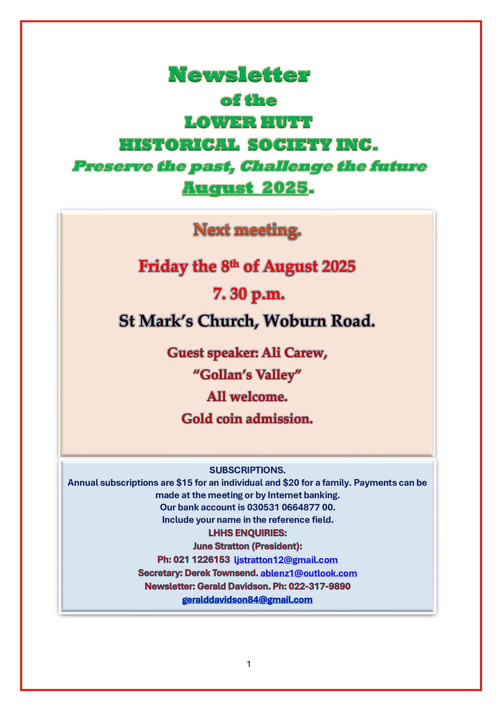 Newsletter of the Lower Hutt Historical Society (August 2025)