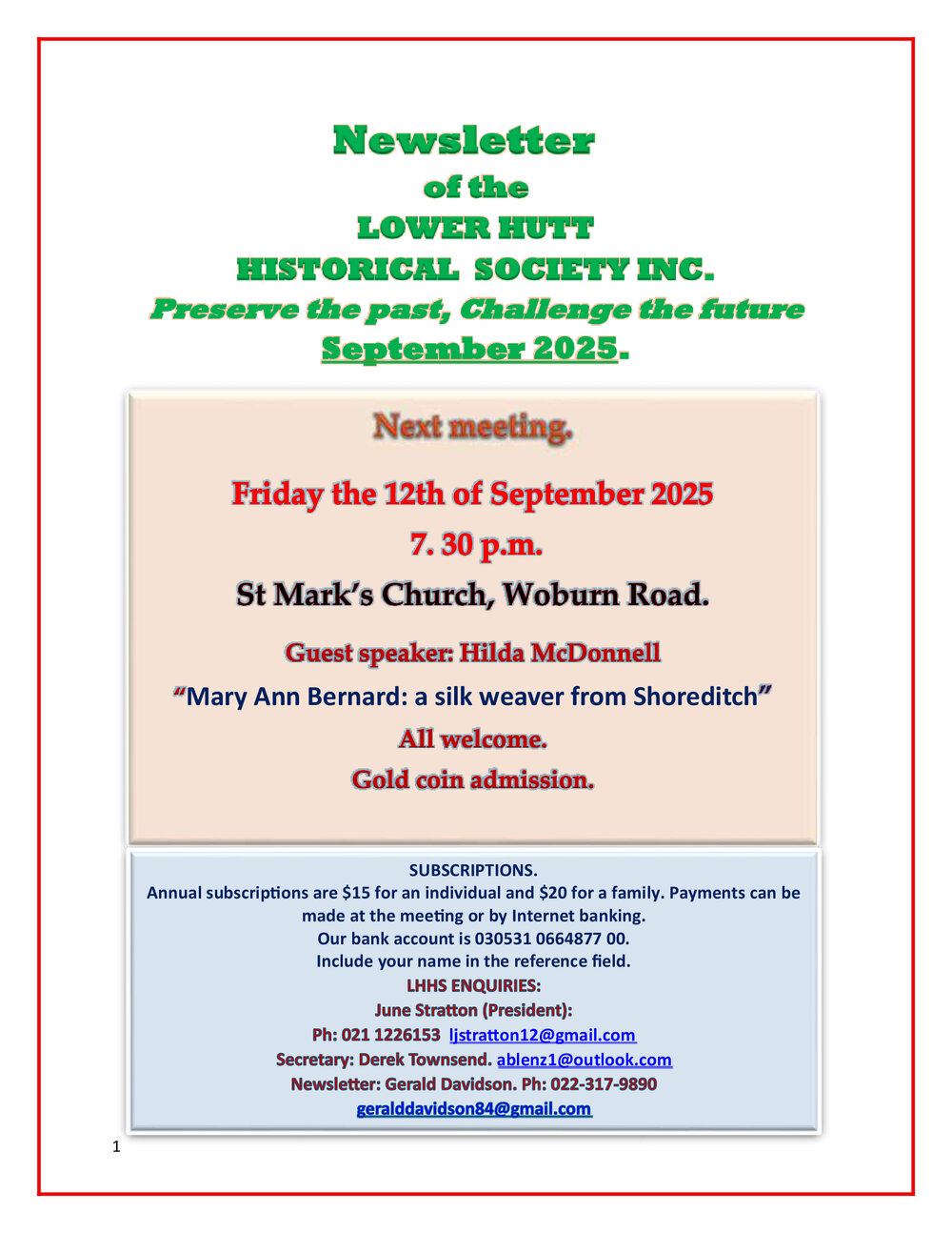 Newsletter of the Lower Hutt Historical Society (September 2025)