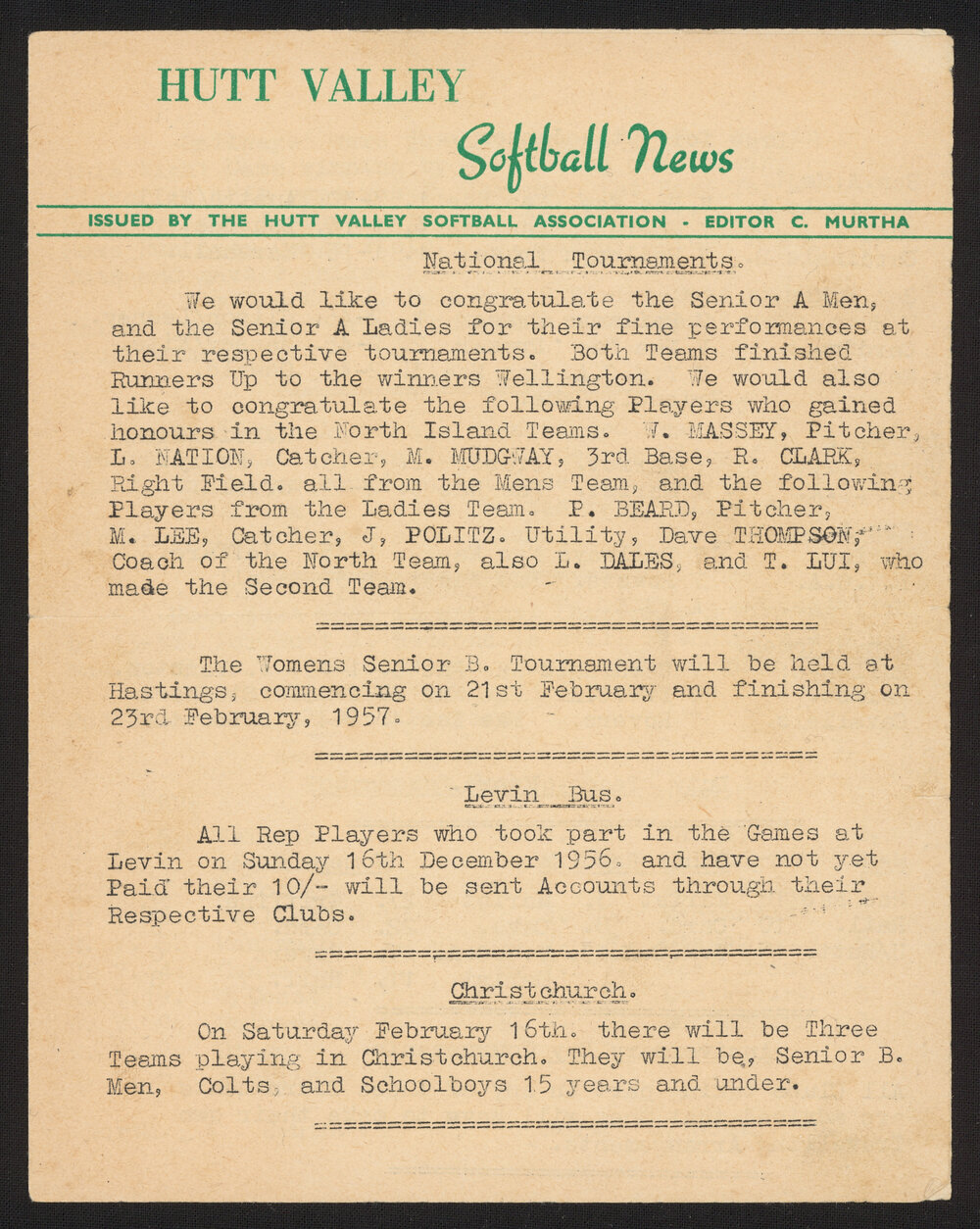 Hutt Valley Softball News