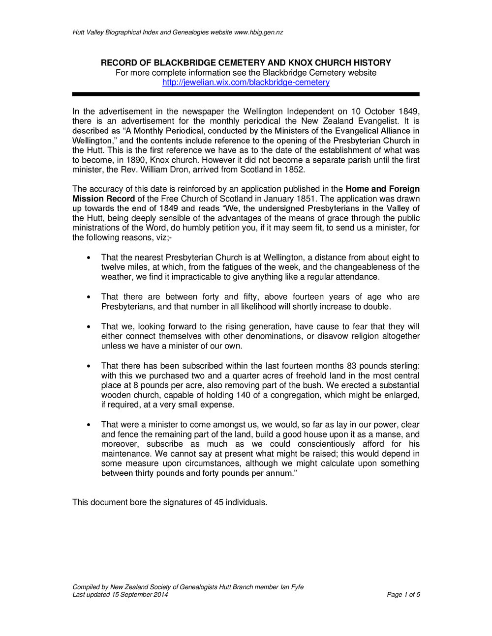 Record of Blackbridge Cemetery and Knox Church History