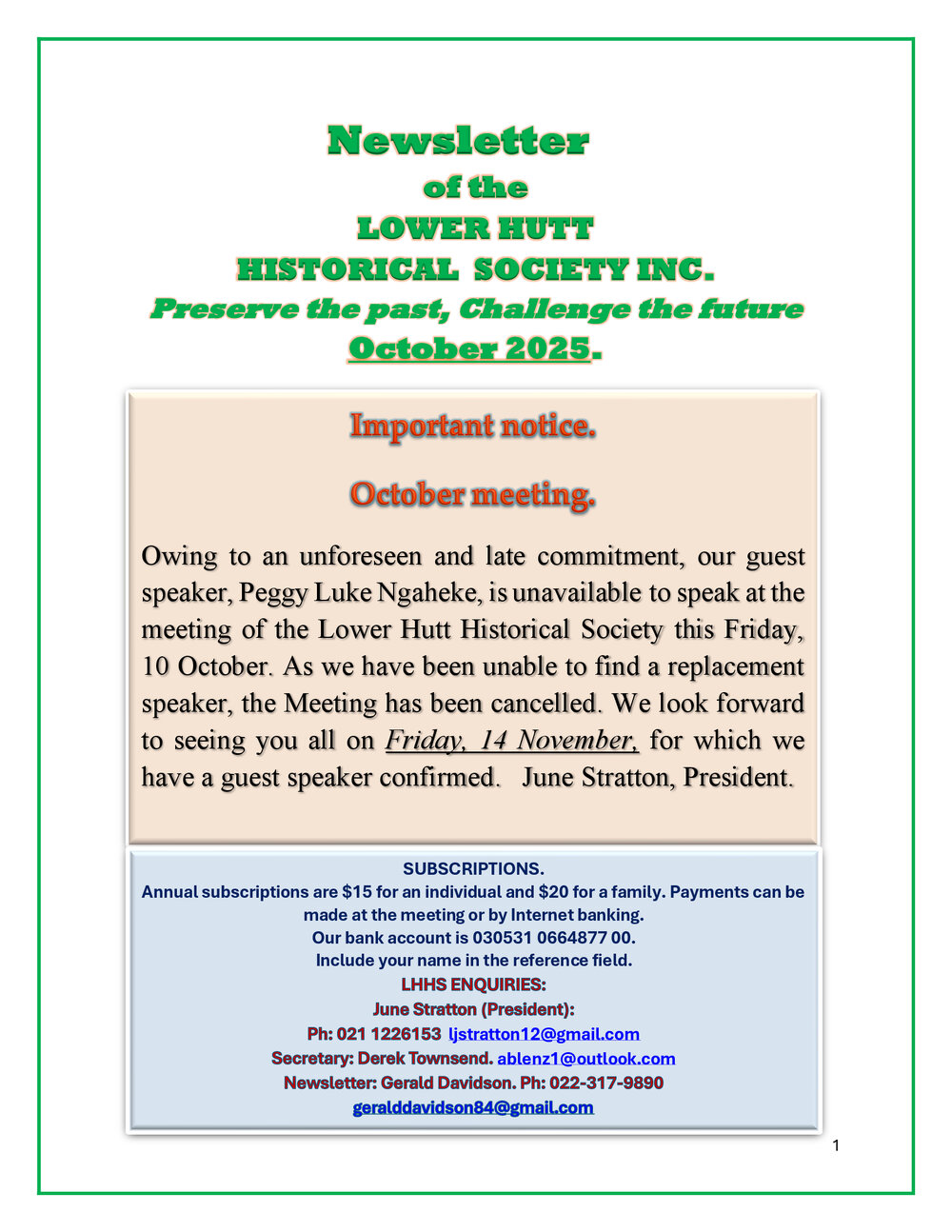 Newsletter of the Lower Hutt Historical Society (October 2025)