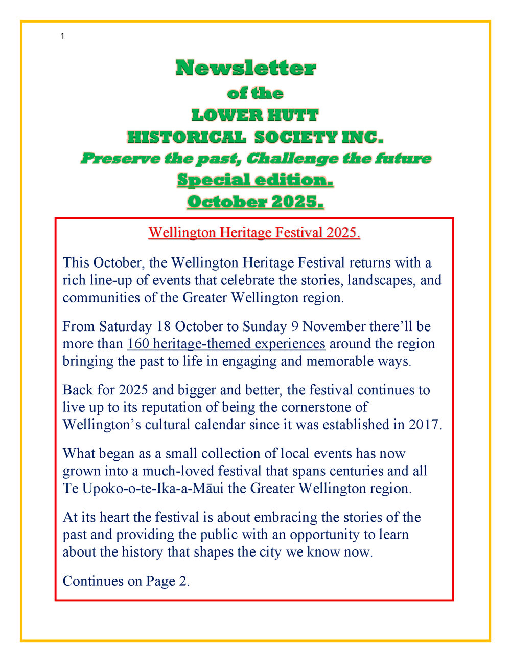 Newsletter of the Lower Hutt Historical Society. Special Edition for the Wellington Heritage Festival (October 2025)