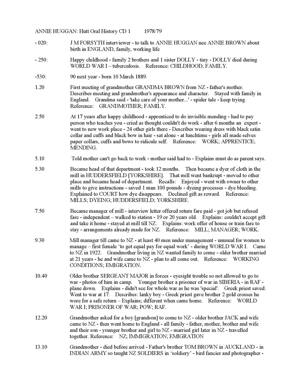 Annie Huggan: abstract of her recordings.