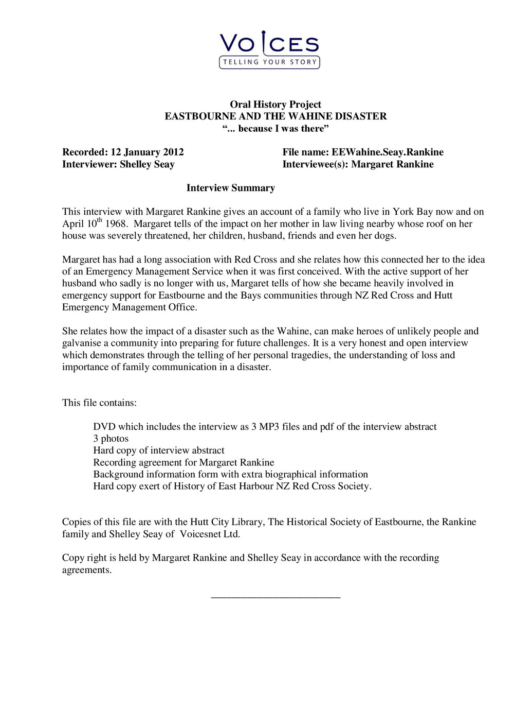 Eastbourne and the Wahine disaster:  oral history project: Margaret Rankine. Summary and abstract.