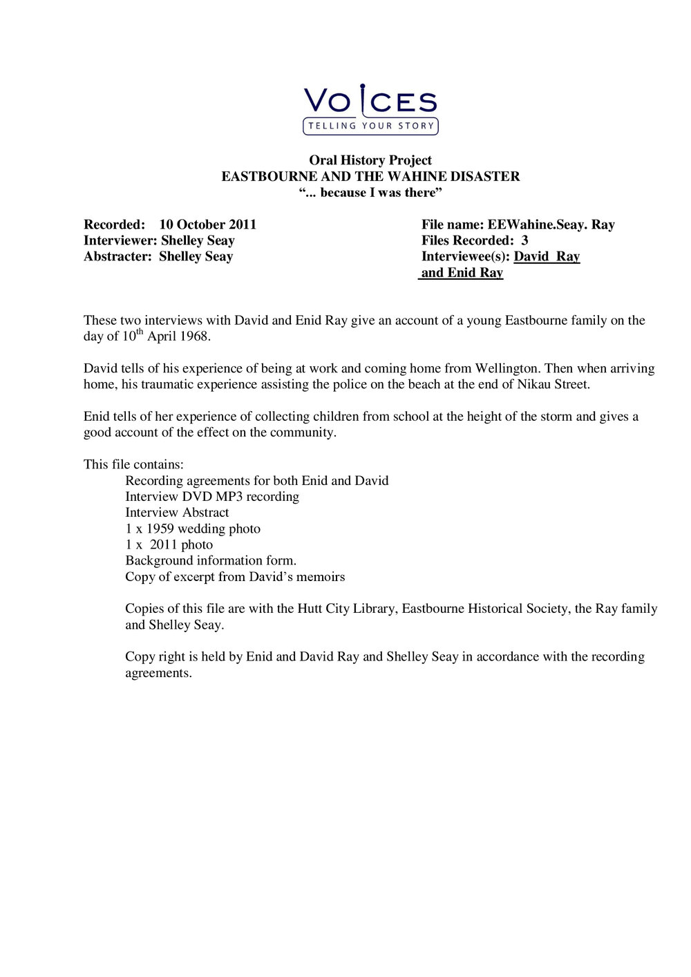 Eastbourne and the Wahine disaster:  oral history project:  David and Enid Ray. Summary and abstract