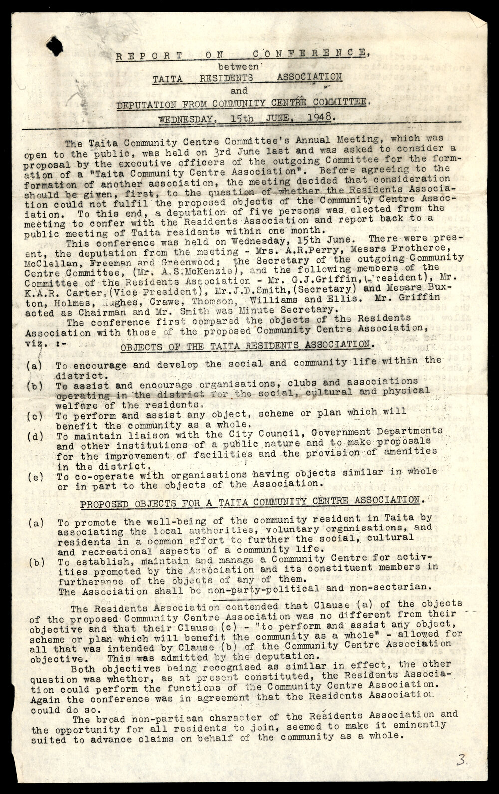 Report on Conference Between Taita Residents Association and Deputation From Community Centre Committee 