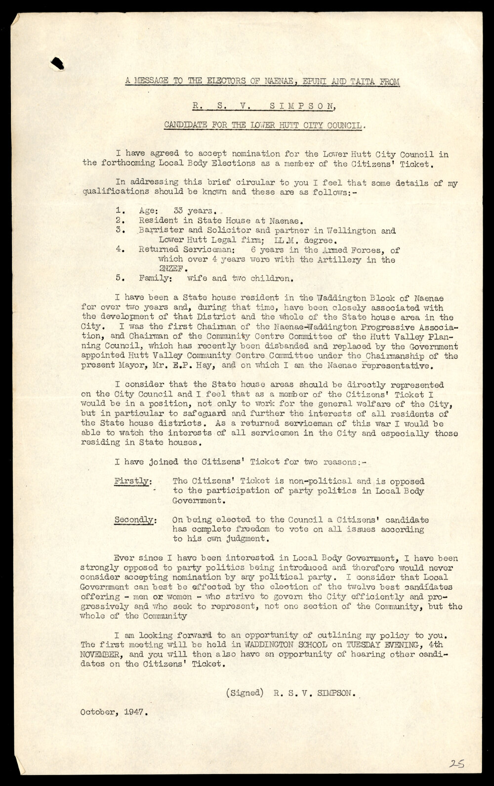 A Message to the Electors of Naenae, Epuni and Taita from R.S.V. Simpson