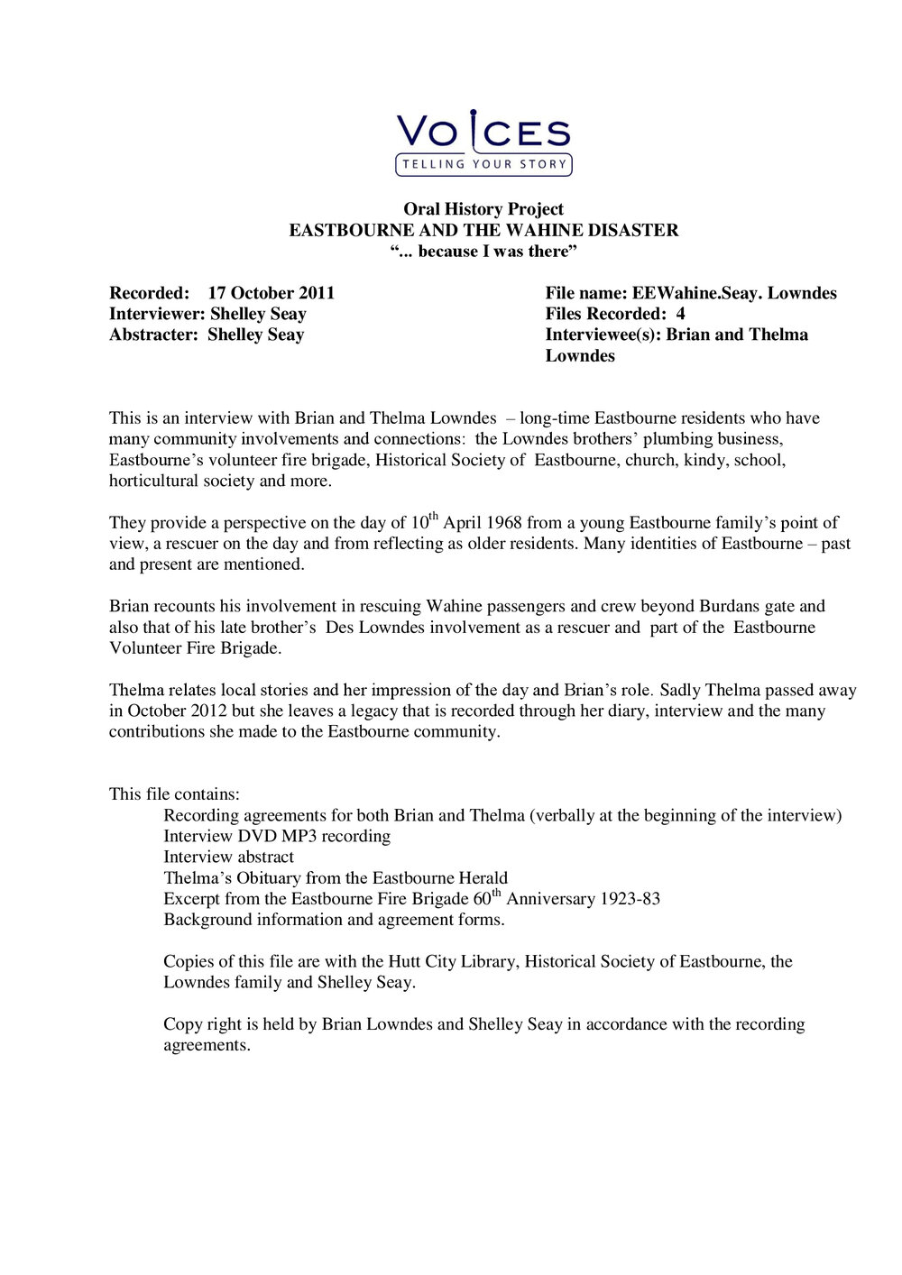 Eastbourne and the Wahine disaster:  oral history project:  John and Valerie Malcolm.  Summary and abstract.