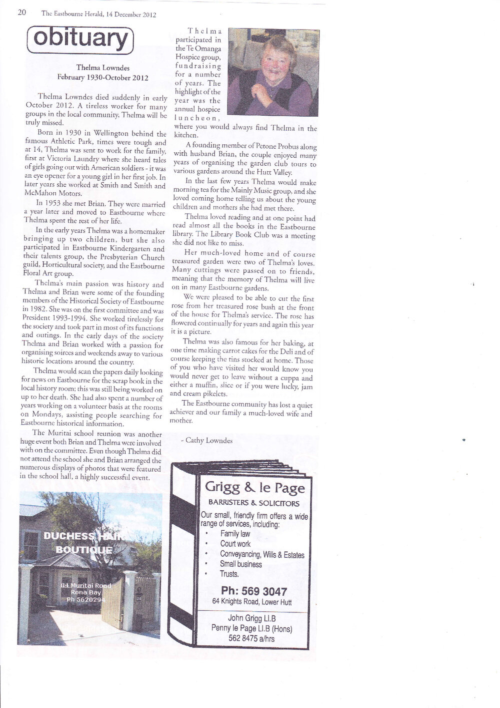 Eastbourne and the Wahine disaster:  oral history project:  (Irene)Thelma Lowndes. Obituary