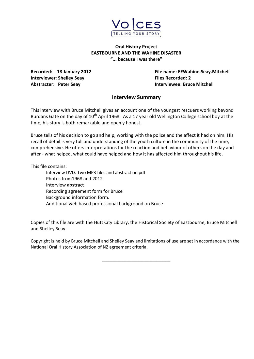 Eastbourne and the Wahine disaster:  oral history project:  Bruce Mitchell.  Summary and abstract