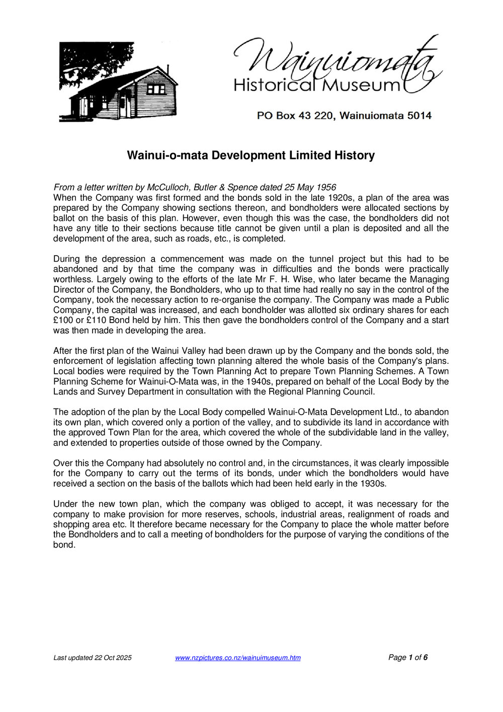 Wainui-o-mata Development Limited History