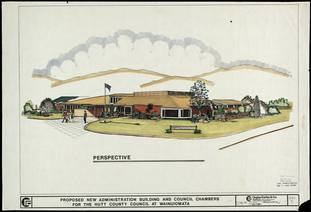 Proposed new administration building and council chamber for Hutt County Council at Wainuiomata