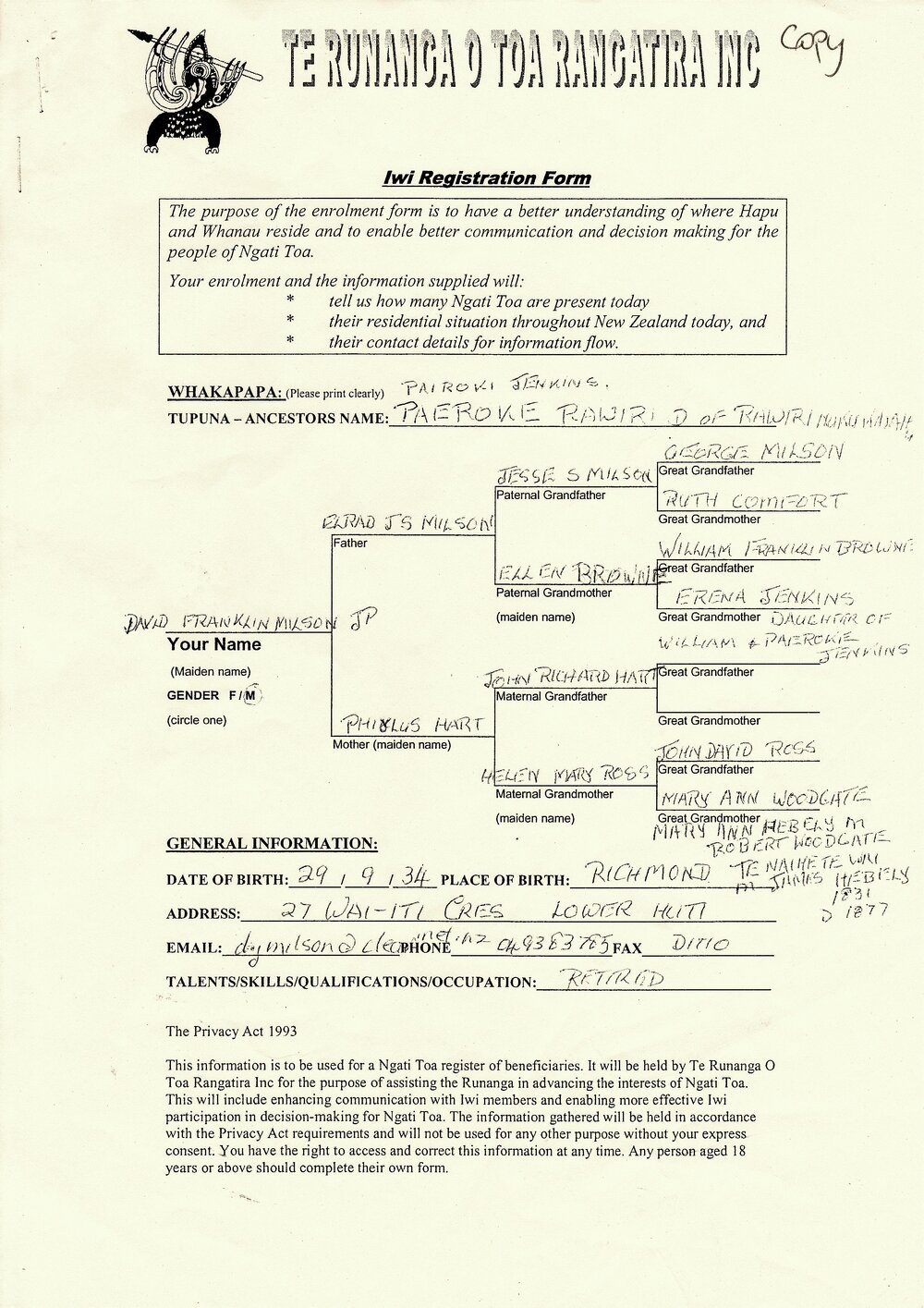 Iwi registration form relating to ancestor Paeroke Rawiri, Ngati Toa and genealogical chart of the Jenkins family from Kent.