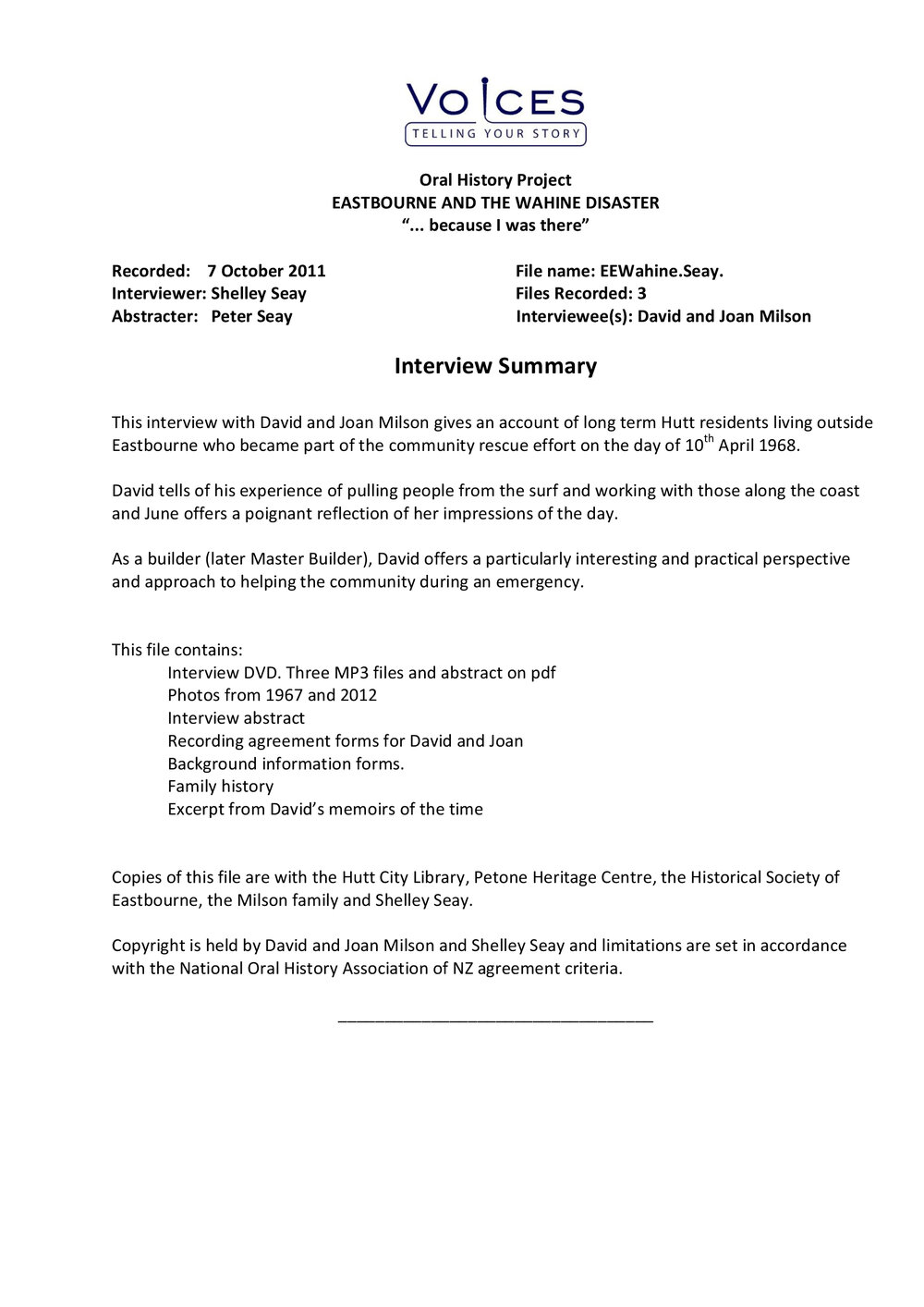 Eastbourne and the Wahine disaster:  oral history project:  David and Joan Milson. Summary and abstract
