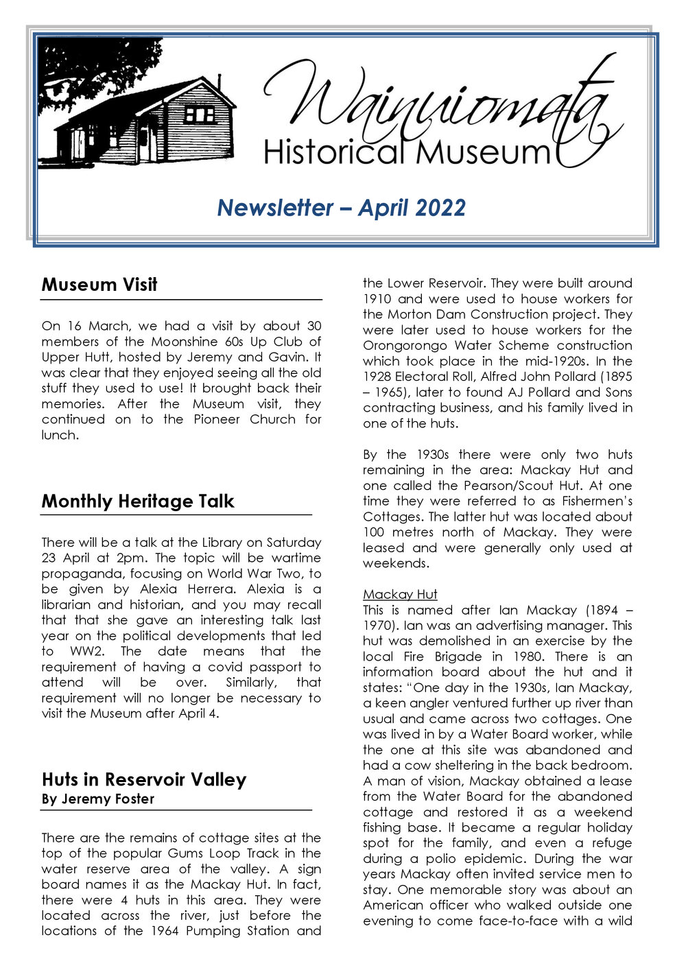Newsletter (Wainuiomata Historical Museum) April 2022