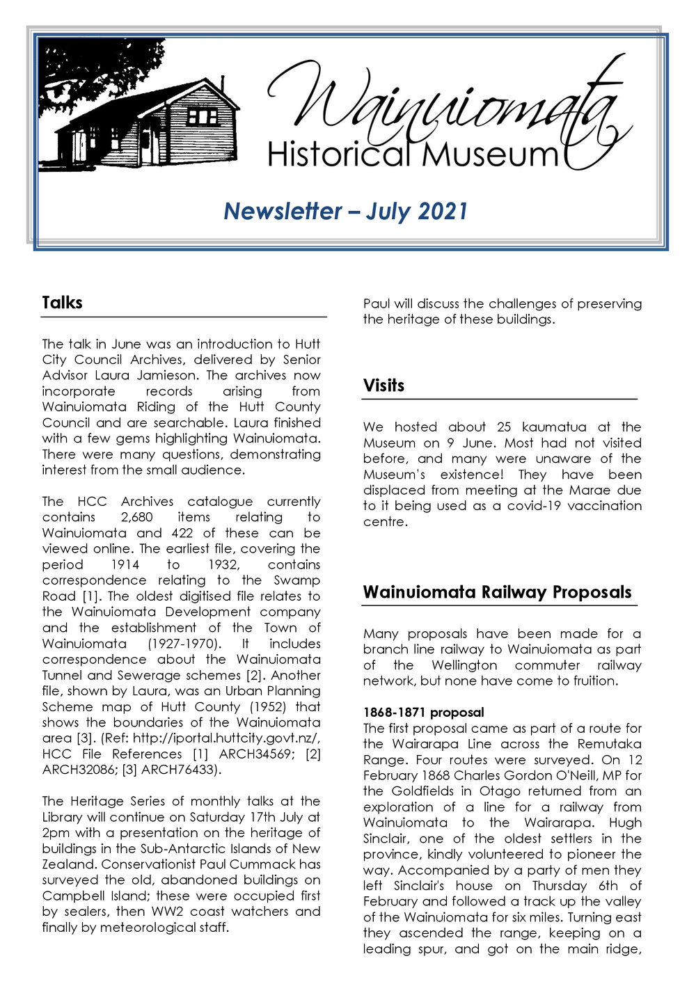 Newsletter (Wainuiomata Historical Museum) July 2021