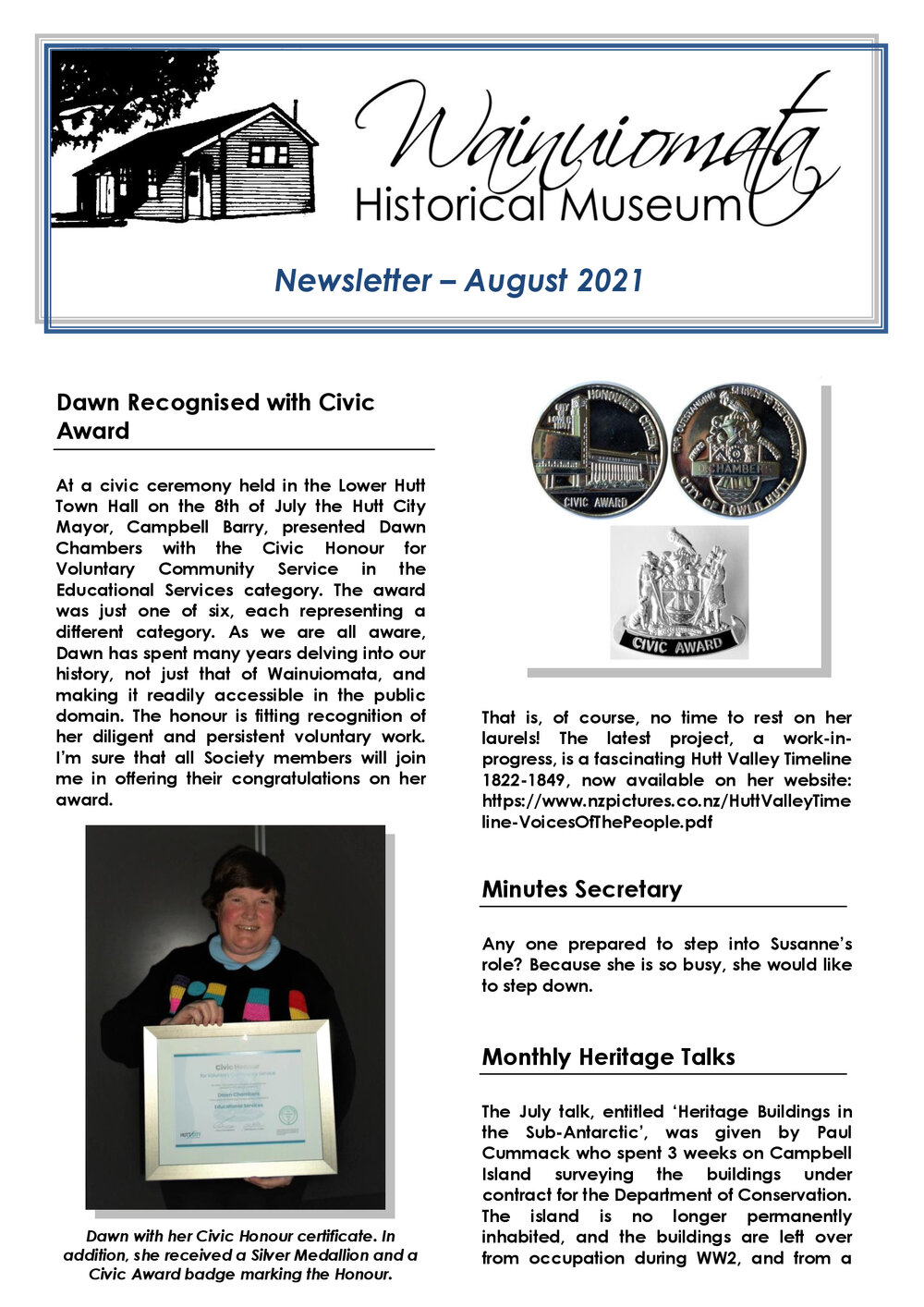Newsletter (Wainuiomata Historical Museum) Aug 2021