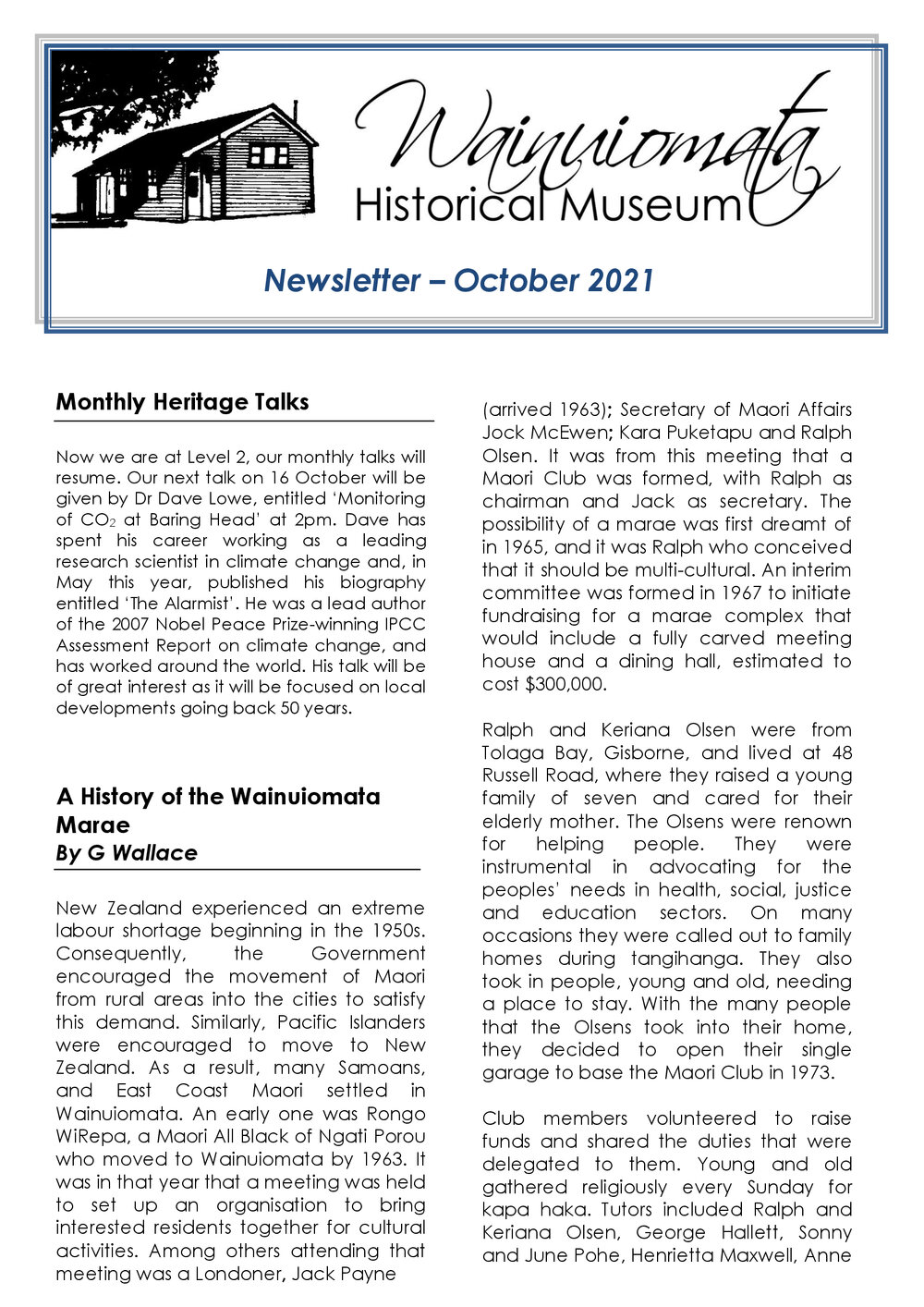 Newsletter (Wainuiomata Historical Museum) October 2021