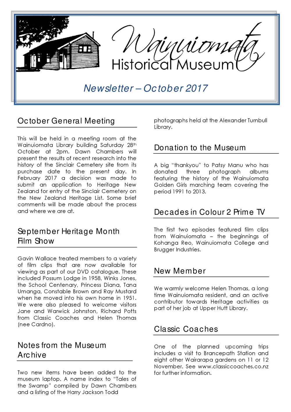 Newsletter (Wainuiomata Historical Museum) October 2017