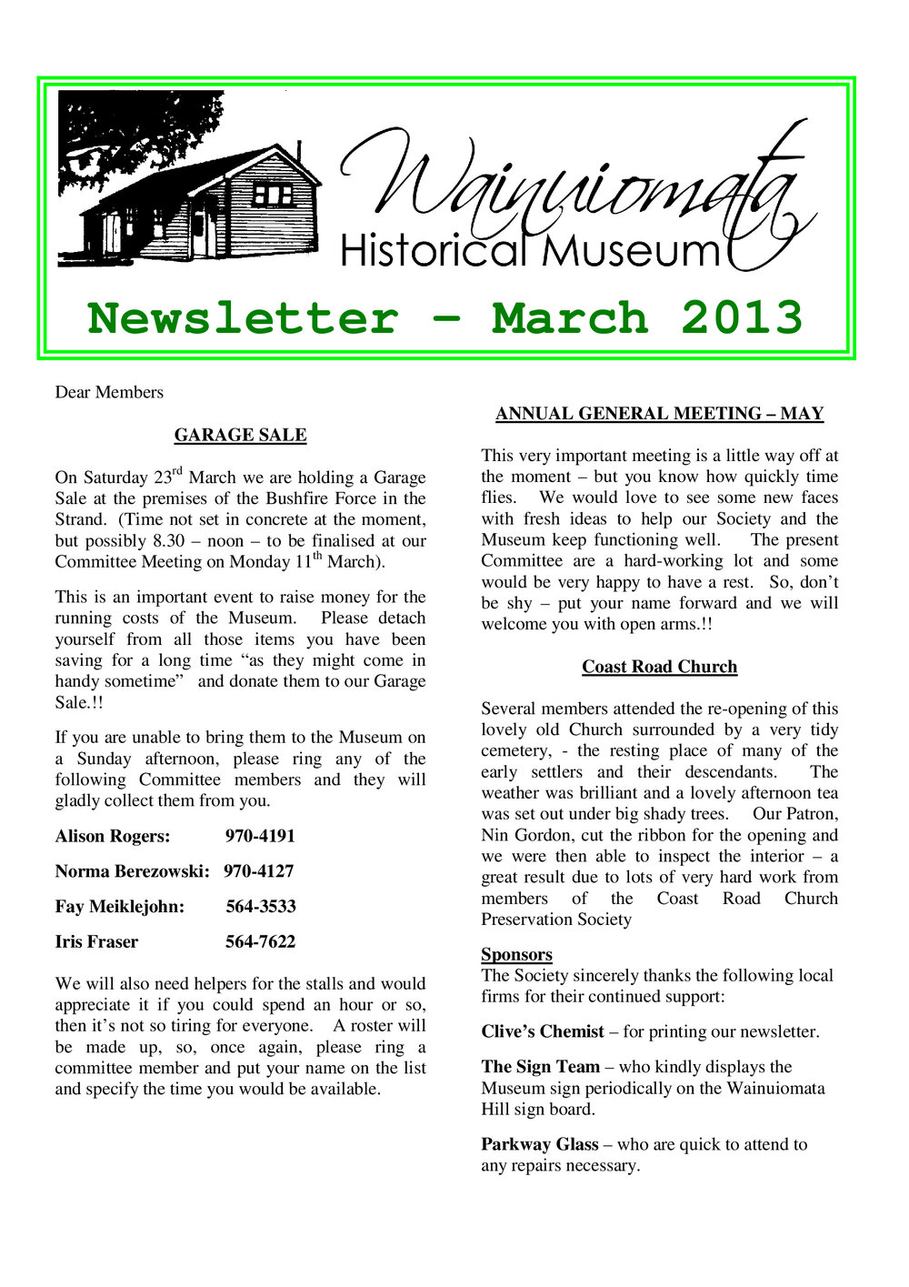 Newsletter (Wainuiomata Historical Museum) March 2013