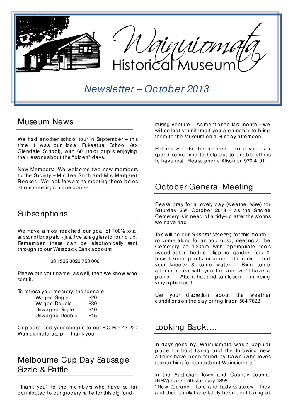 Newsletter (Wainuiomata Historical Museum) October 2013