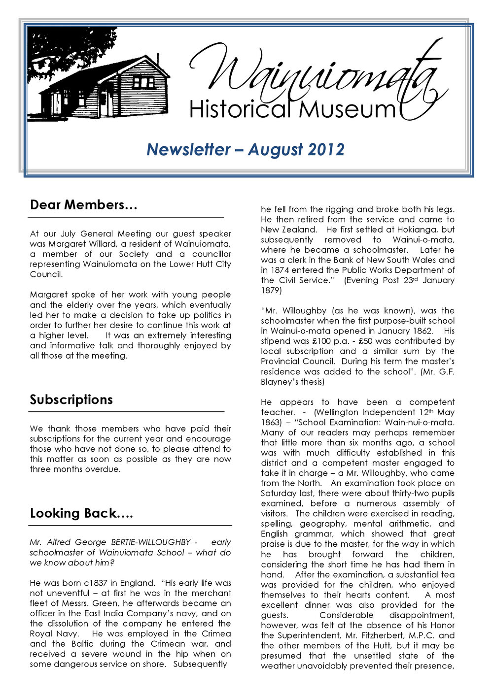 Newsletter (Wainuiomata Historical Museum) August 2012