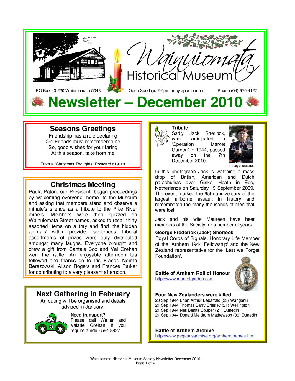 Newsletter (Wainuiomata Historical Museum) December 2010