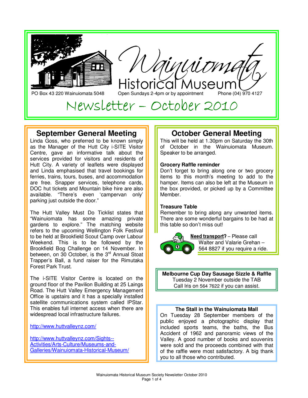 Newsletter (Wainuiomata Historical Museum) October 2010