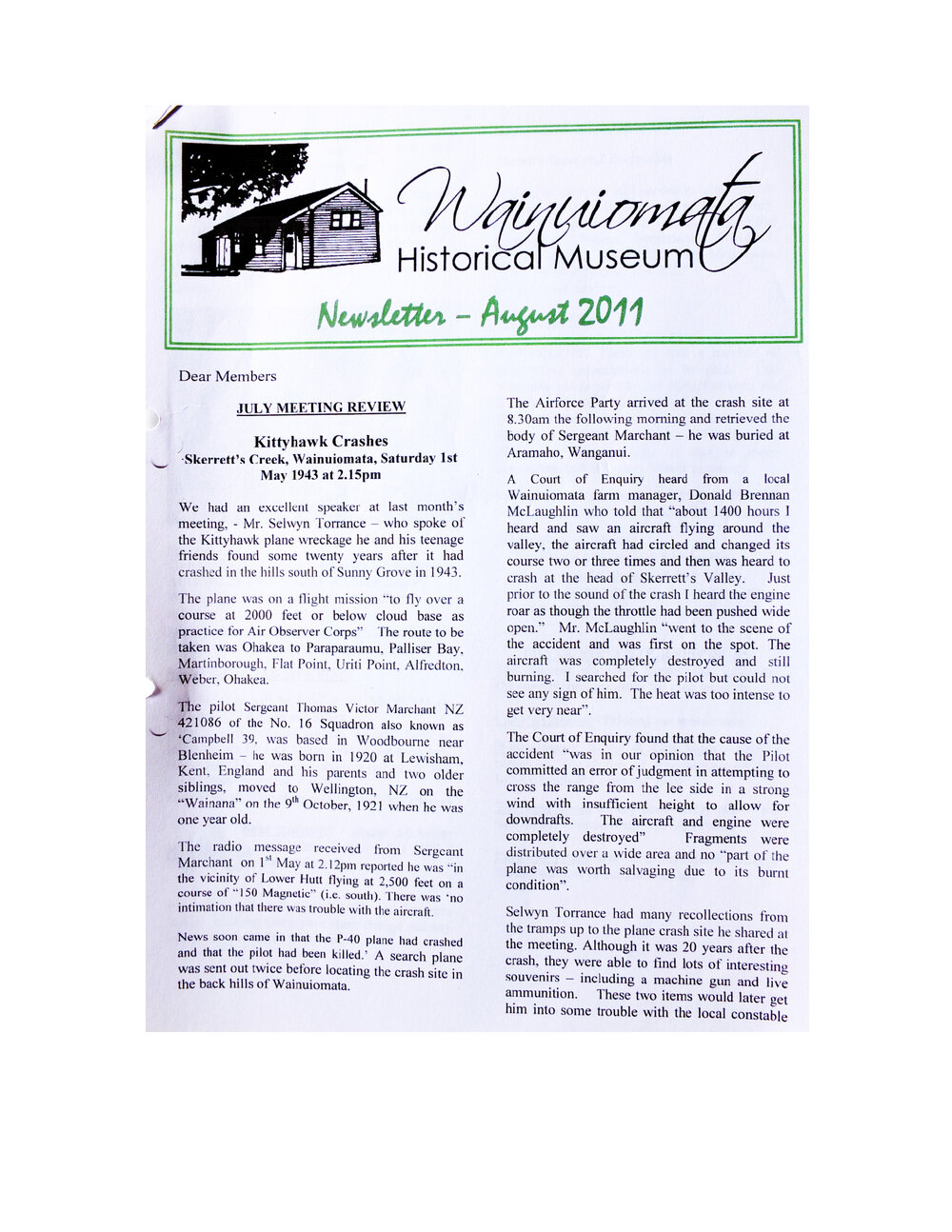 Newsletter (Wainuiomata Historical Museum) August 2011