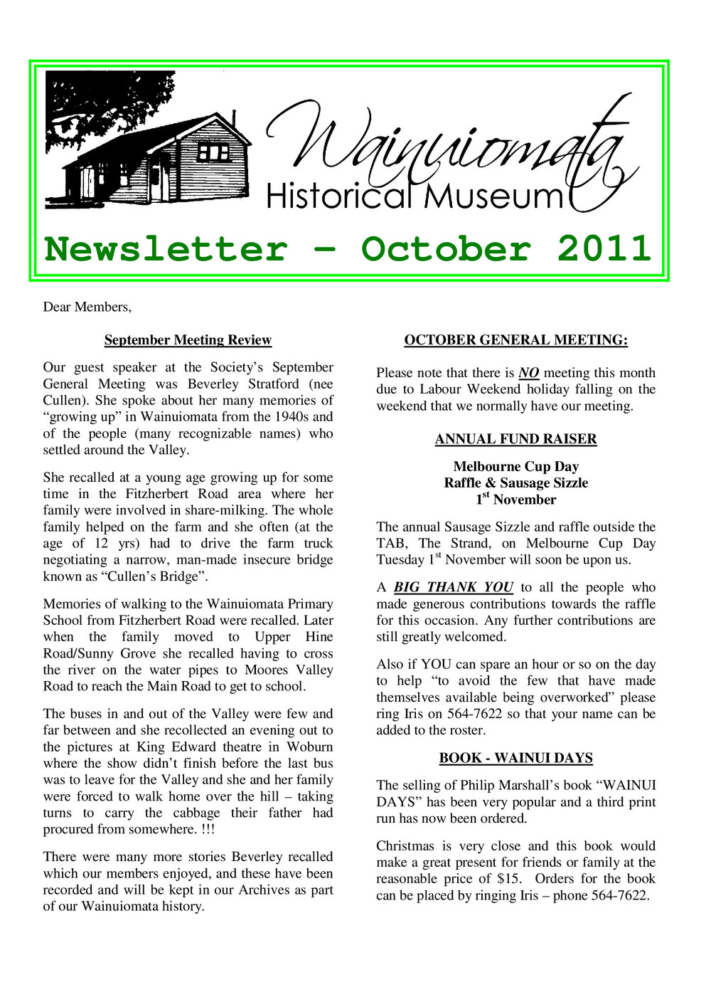 Newsletter (Wainuiomata Historical Museum) October 2011
