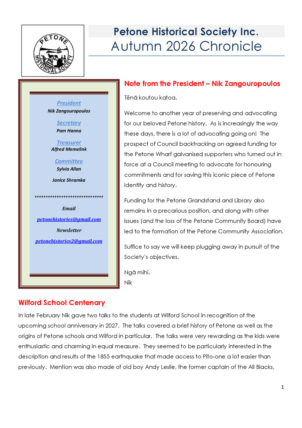 Chronicle (Petone Historical Society) Autumn 2026