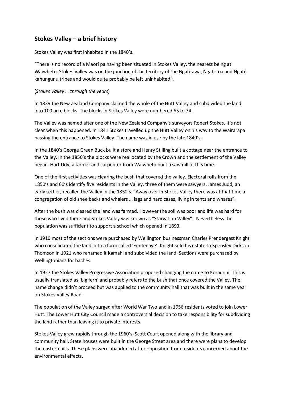 Stokes Valley : a Brief History 