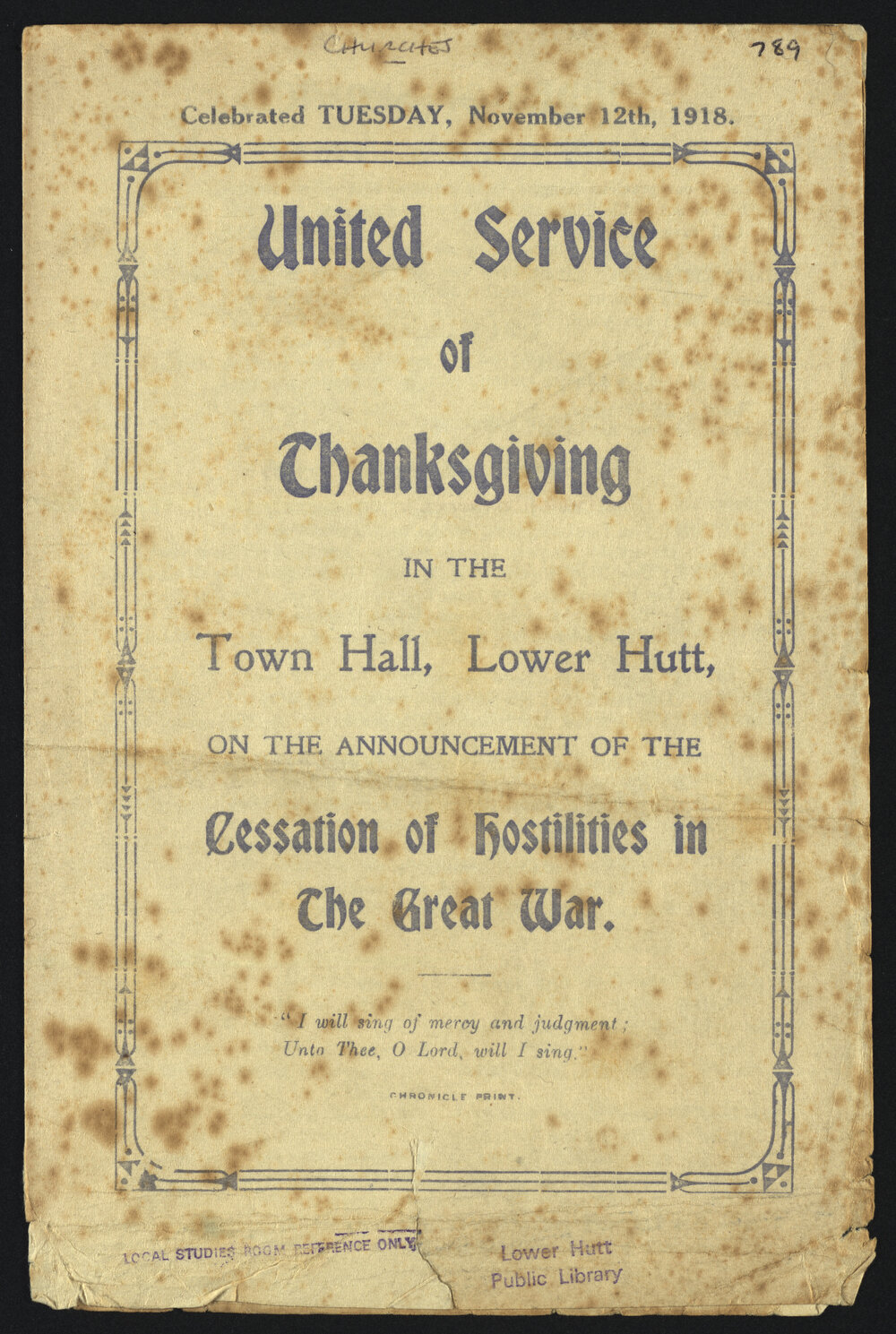 United Service of Thanksgiving in the Town Hall, Lower Hutt on the announcement of the cessation of hostilities in the Great War