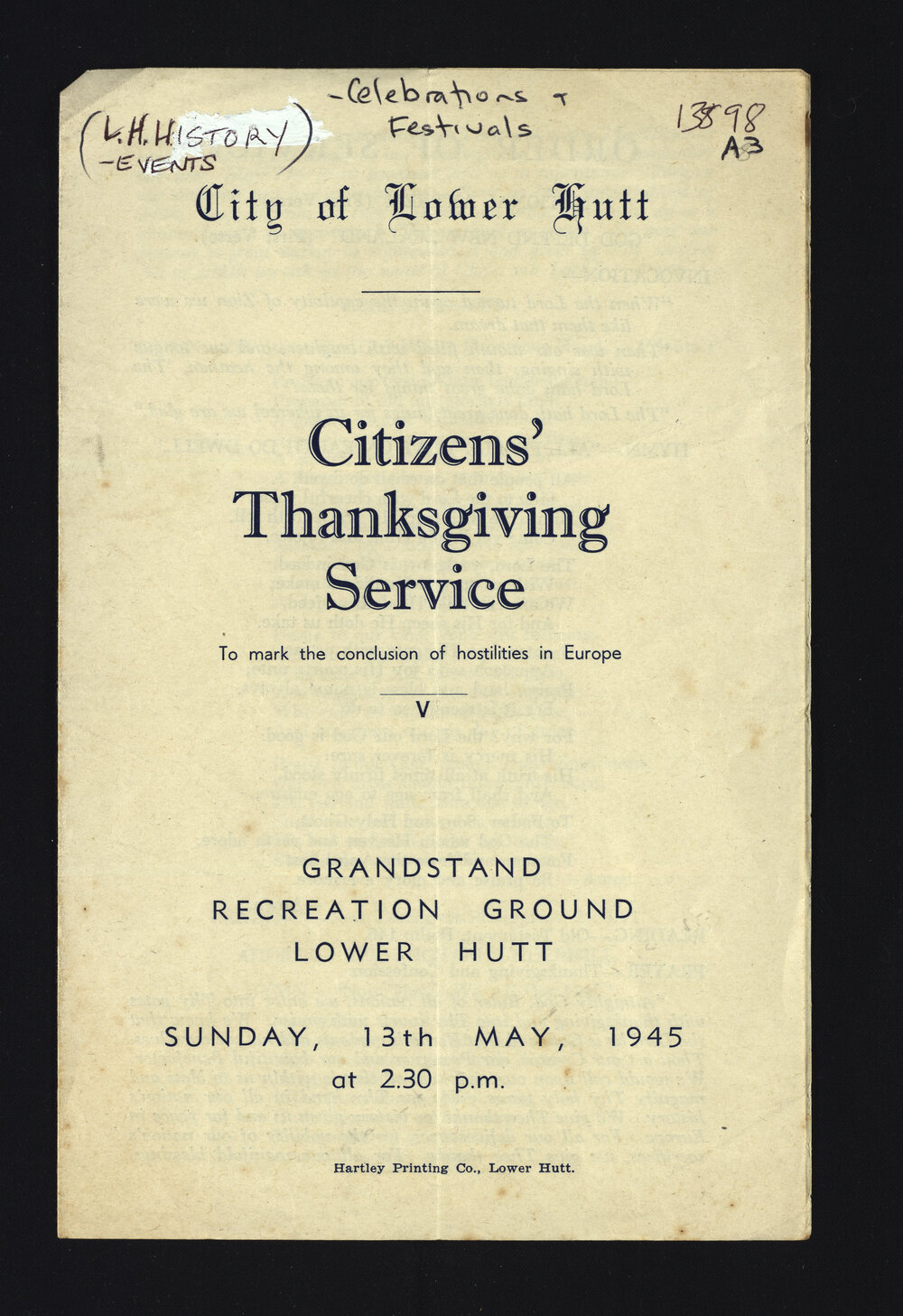 Citizen's Thanksgiving Service to Mark the Conclusion of Hostilities in Europe