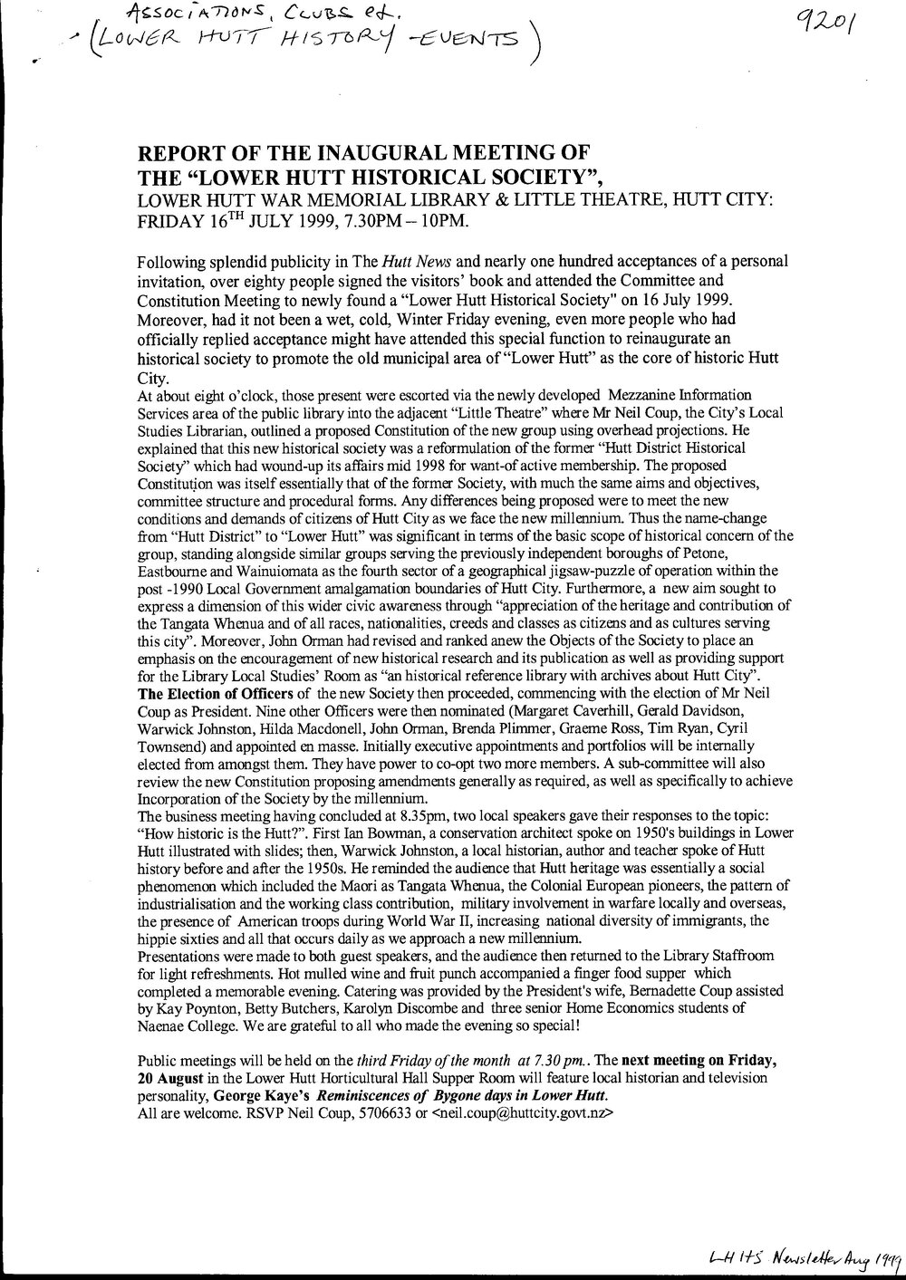 Report of the Inaugural Meeting of the Lower Hutt Historical Society