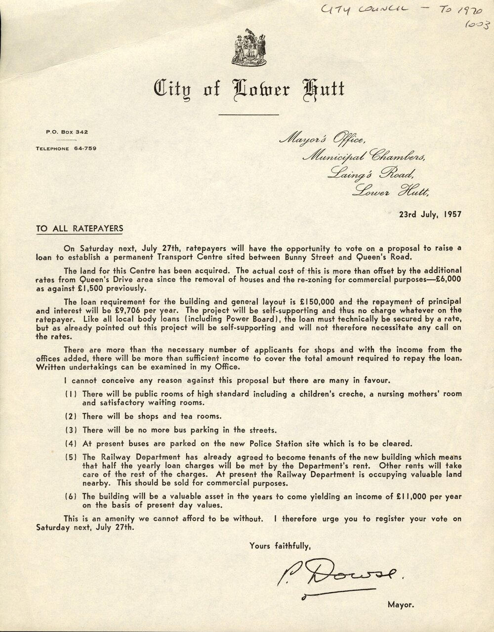 Letter to Ratepayers