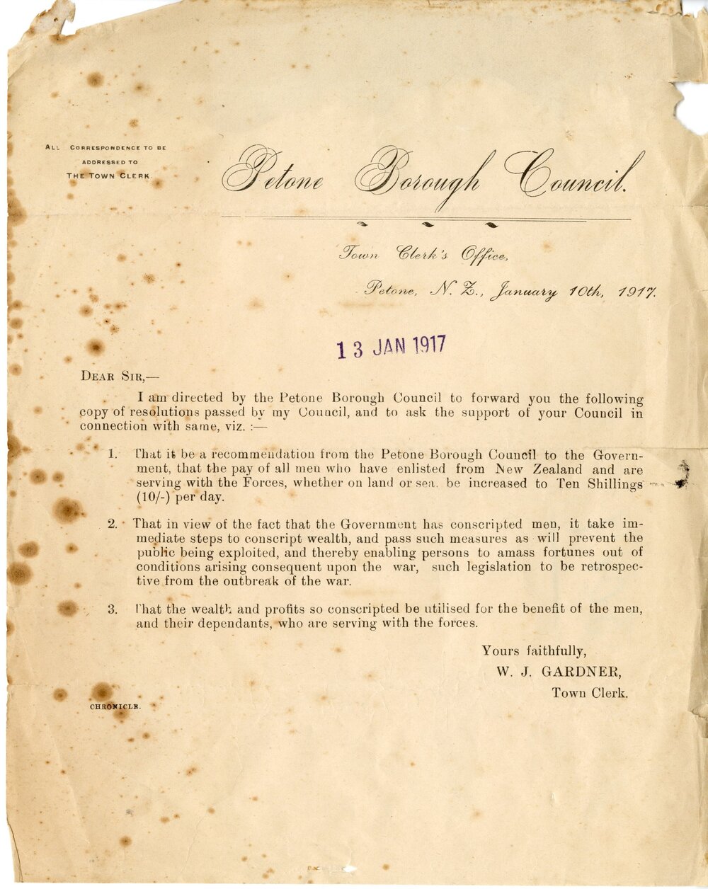 Letter From the Petone Borough Council 