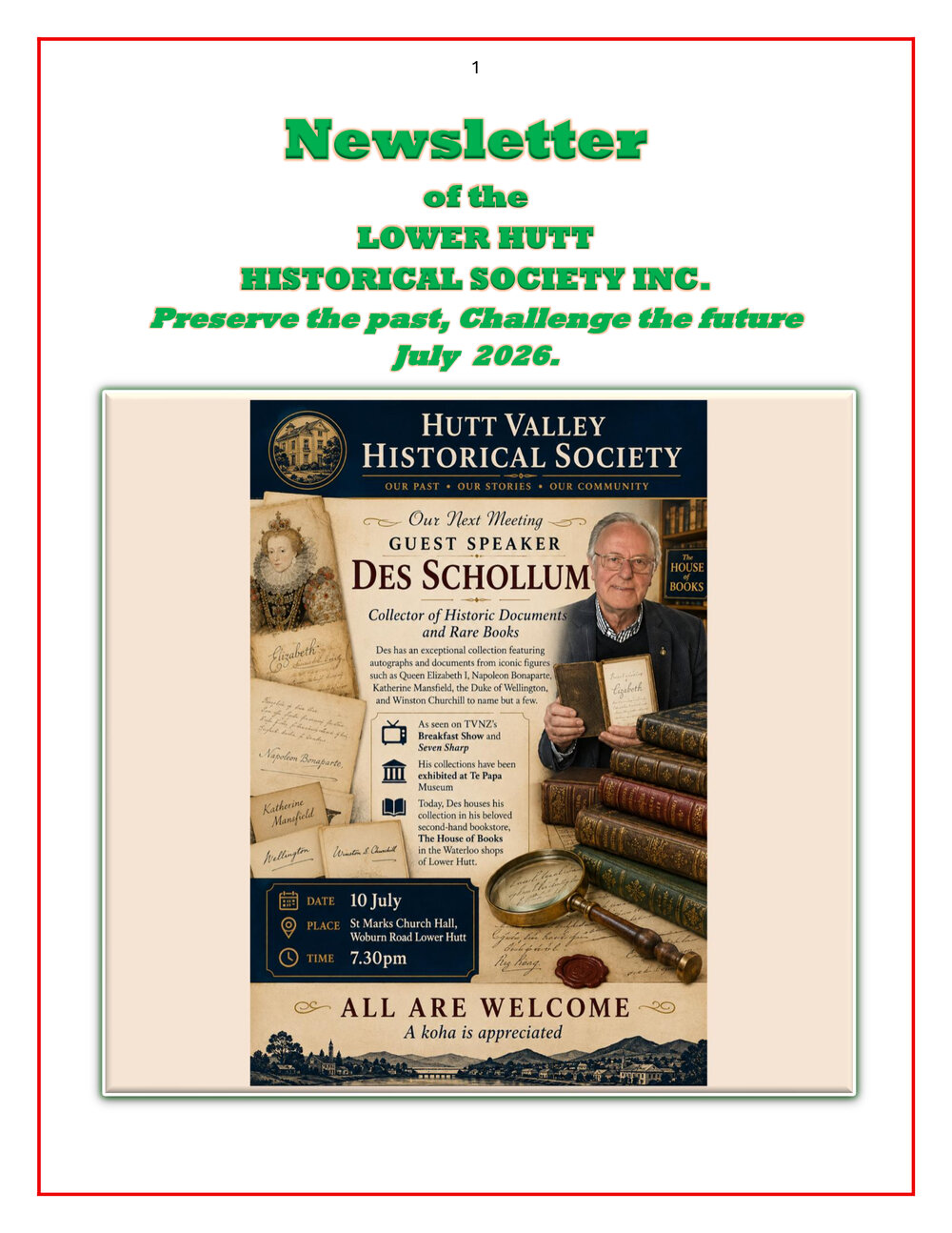 Newsletter of the Lower Hutt Historical Society (July 2026)