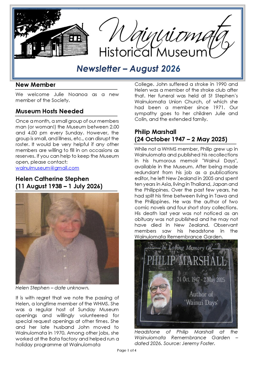 Newsletter (Wainuiomata Historical Museum) August 2026